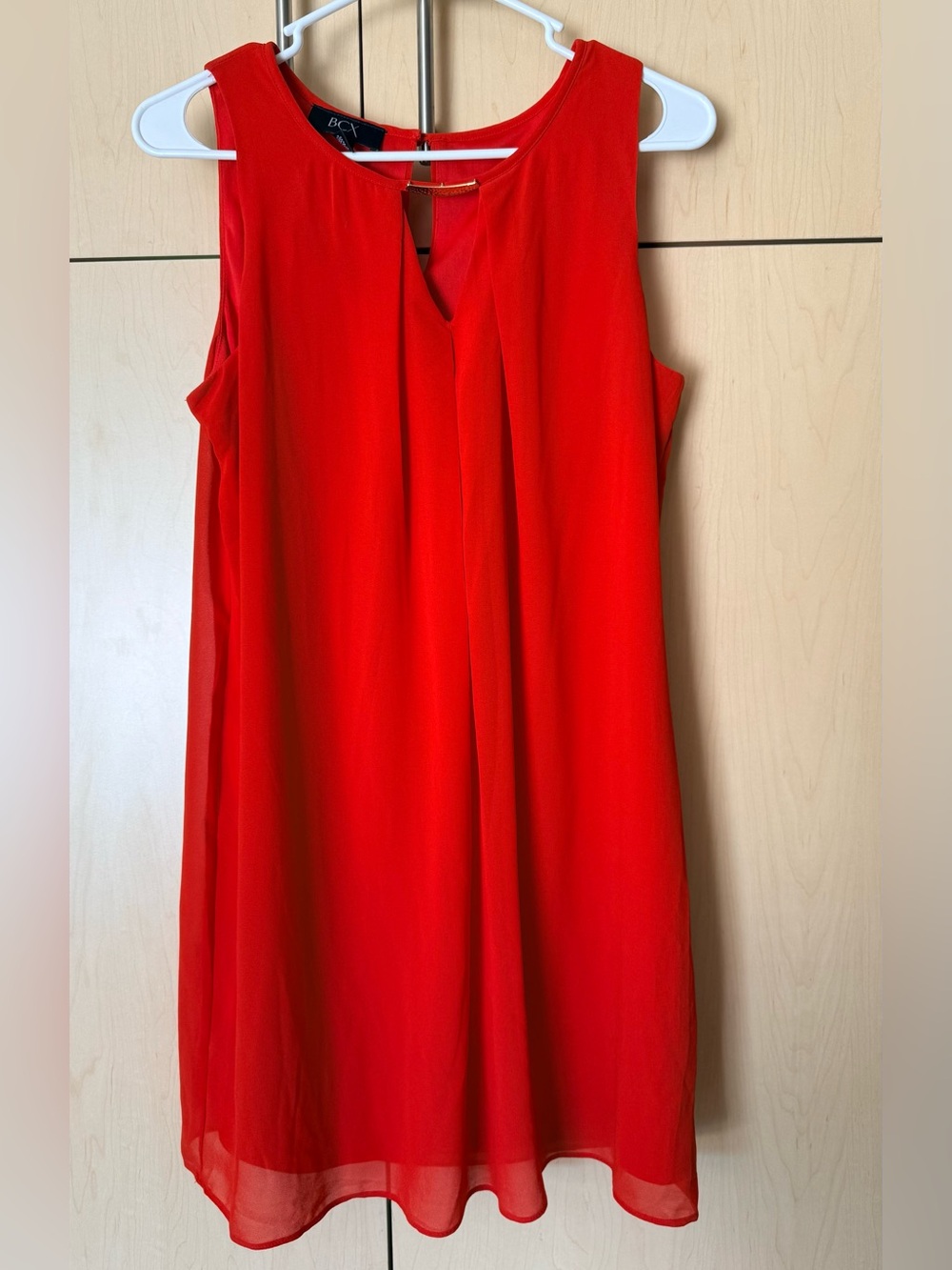 BCX Orange Red Pleated Neckline Sleeveless A-Line Dress